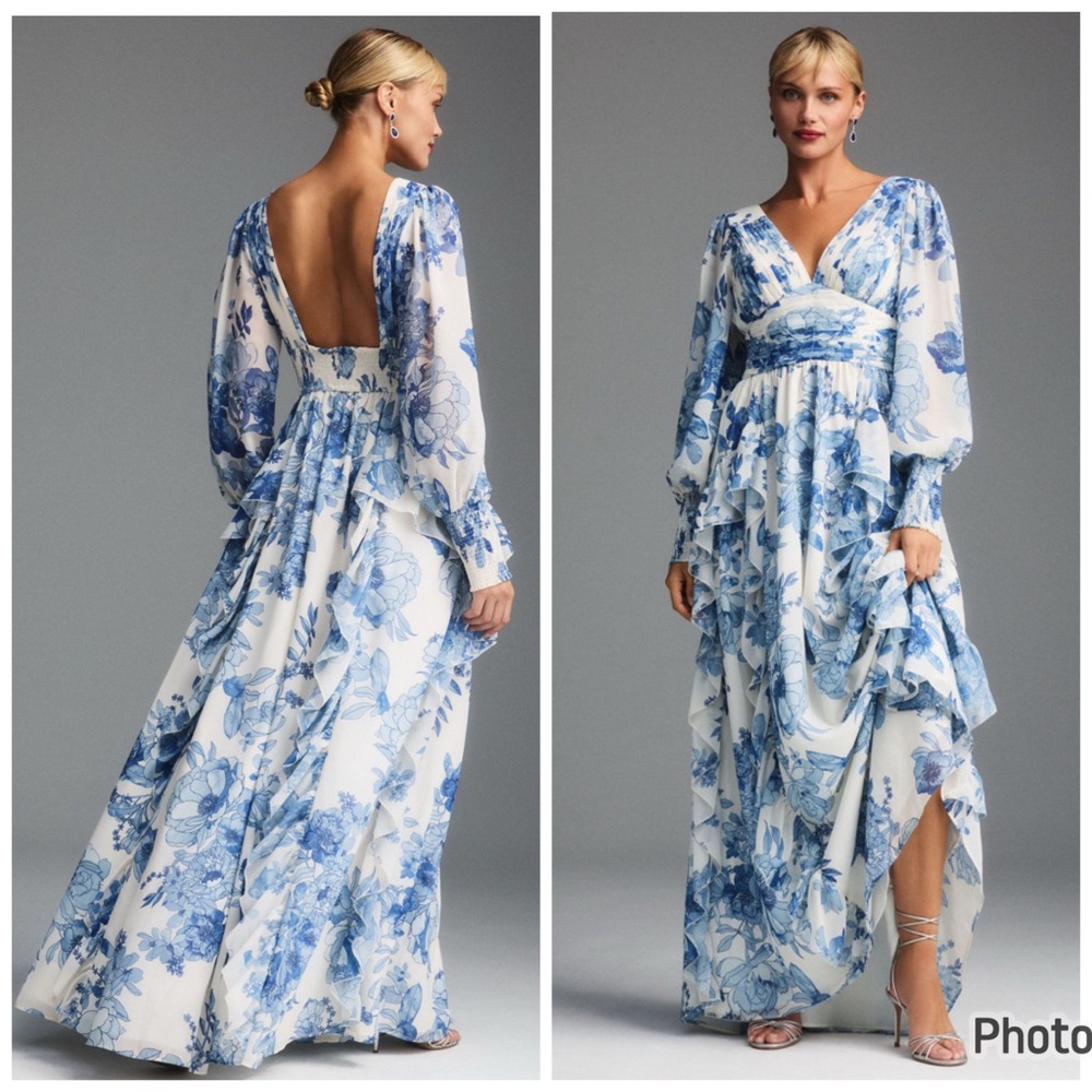 Anthropologie BHLDN Long Sleeve Chiffon‎ Dress Floral White Blue Ruffle Small